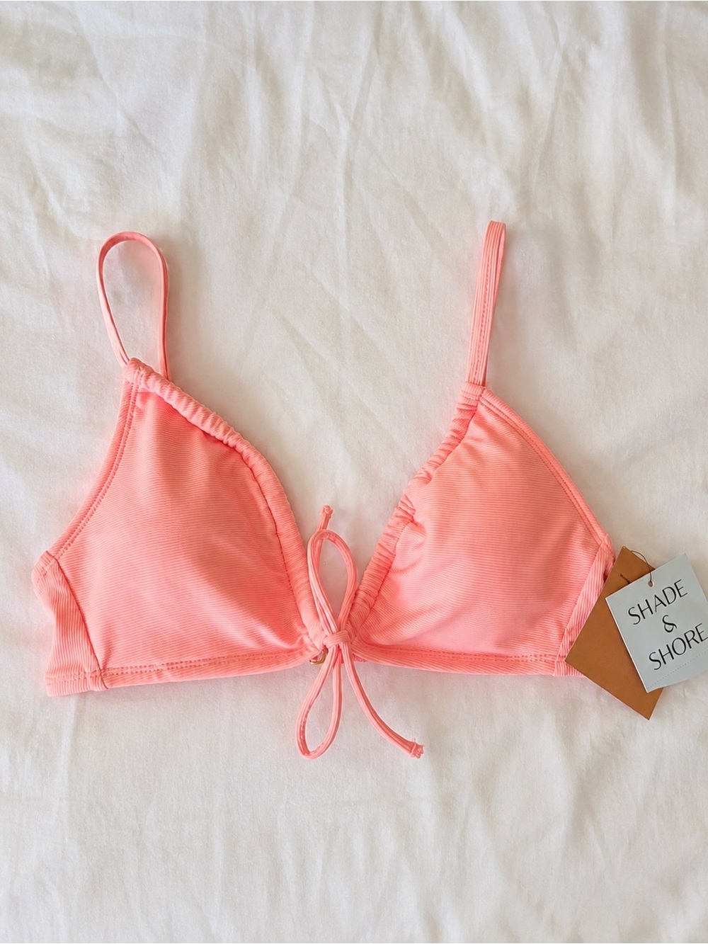 Shade & Shore Coral Pink Ribbed Tie-Front Triangle Bikini Top